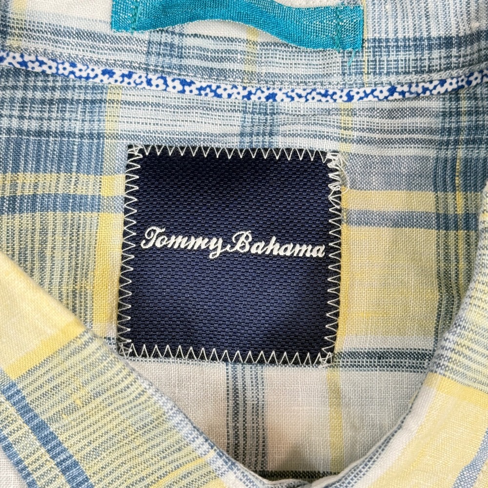 Tommy Bahama XL Linen Plaid Short Sleeve Button Up Shirt Casual Mens Blue Yellow - Picture 4 of 7